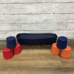 Rosenthal Netter Woven Rectangle Basket Blue With 6 Cups Red Orange Blue